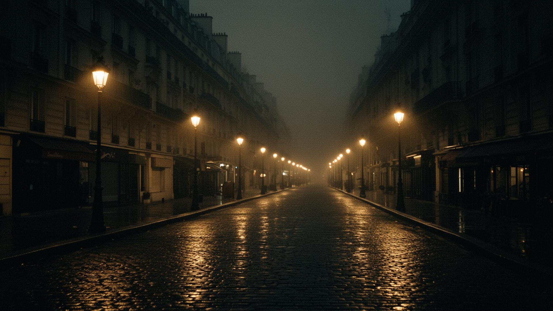 Parisian boulevard at night, street lamps reflected on wet cobblestones